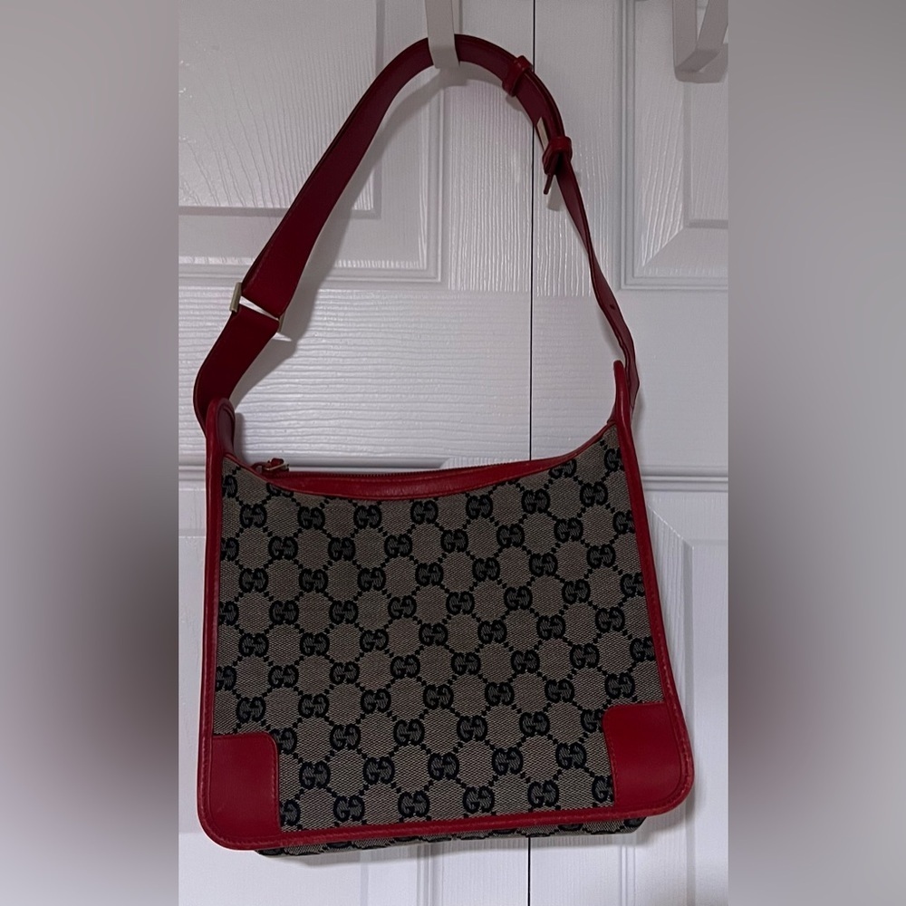 Gucci Vintage GG Monogram Canvas and Red Leather Shoulder Bag